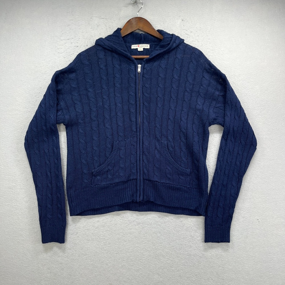 Love Change Italy Sweater Womens L Blue Cable Knit Zip Up Hoodie Casual Preppy